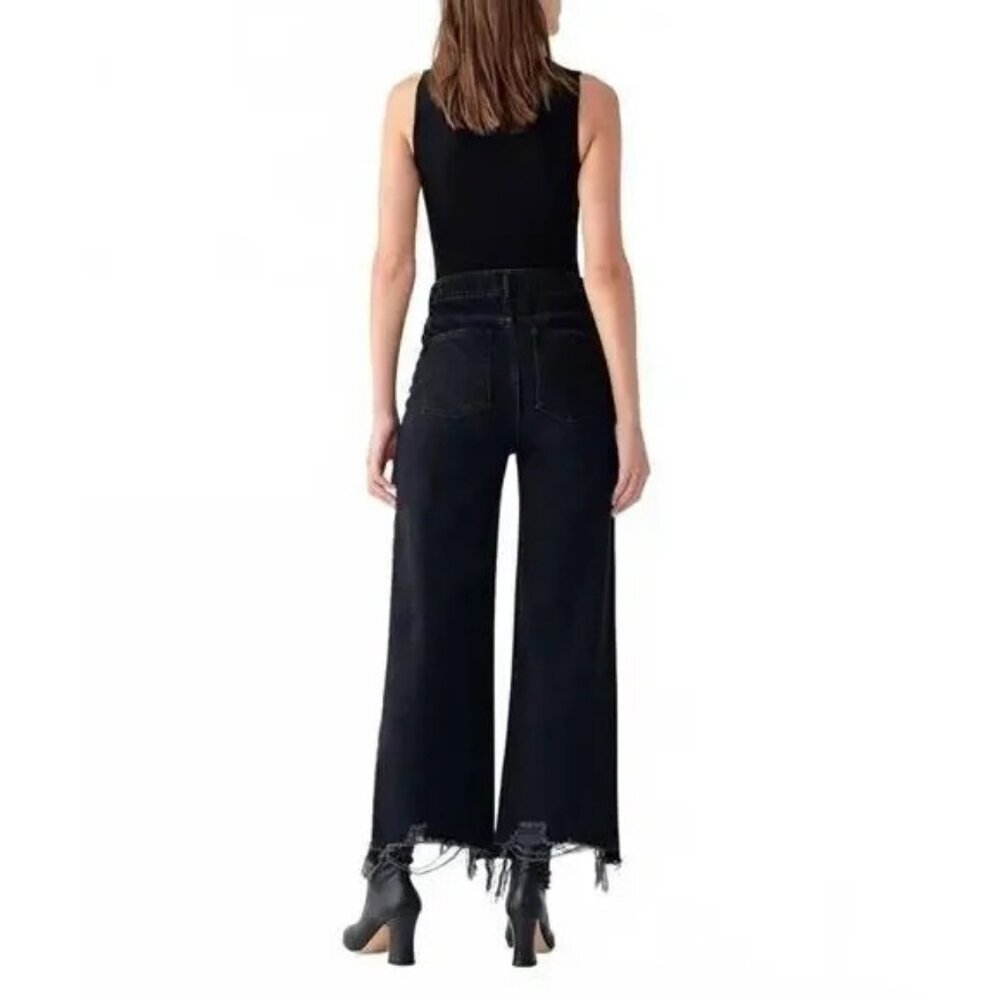 DL1961 Hepburn Wide Leg Distressed High Rise Jean Raw Hem 24 Lark Washed Black - Picture 2 of 10